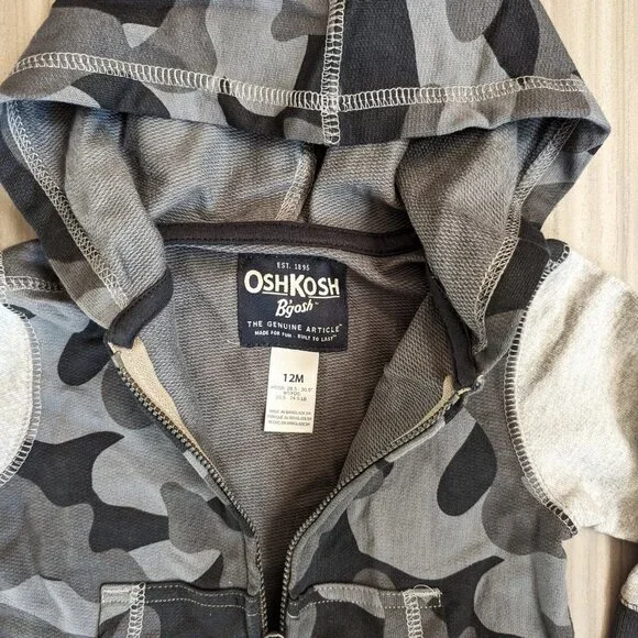 Oshkosh B'gosh Baby Bos French Terry Cardigan Hoodie Jacket Beige Camouf… - Picture 3 of 5